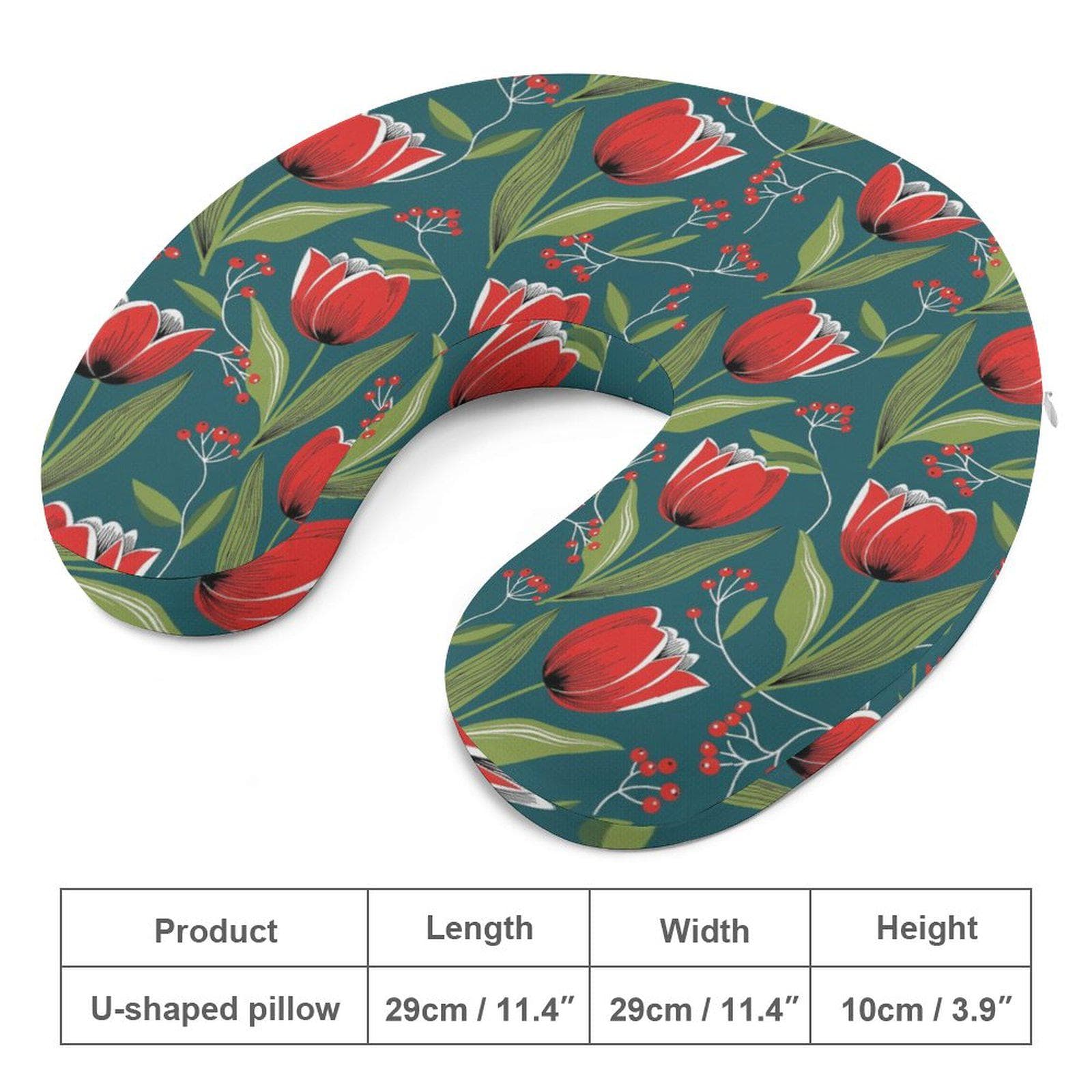 Teal Red Tulip Memory Foam Neck Pillow | Floral Travel Comfort, Home Relaxation | Detachable Cover for Neck Pain Relief