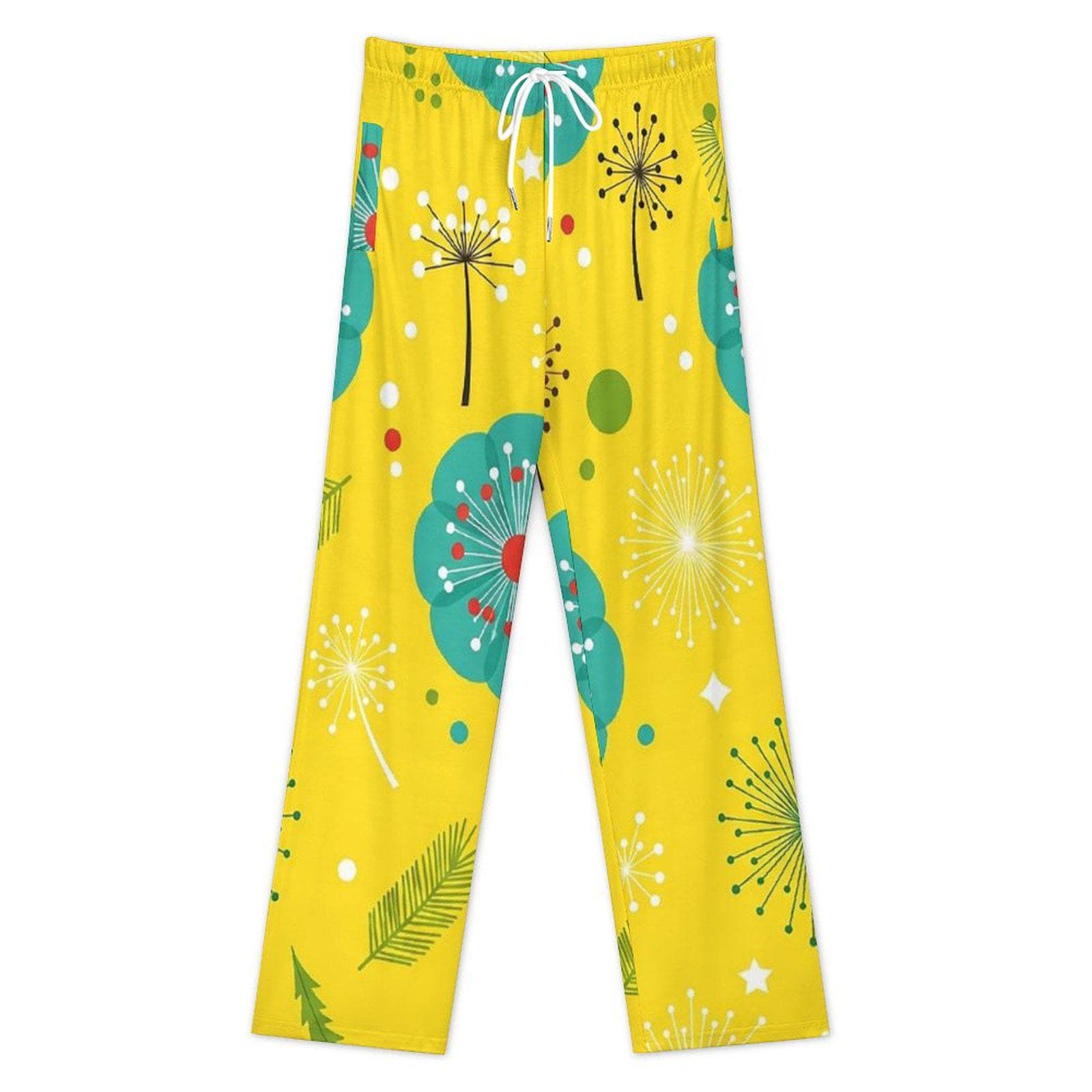 Yellow Dandelion Cotton Pajama Pants for Women, Floral Lounge Sleep Bottoms, Soft PJs, Wide Leg, DTG Printed Gift