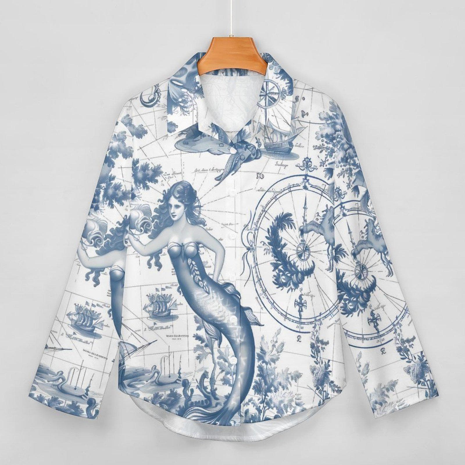 Mermaid Map Asymmetrical Hem Shirt | Nautical Fantasy Button Down Blouse | Vintage Chart Ocean Print Top | Coastal Chic Unique Graphic Tee