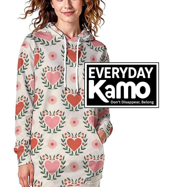 Cozy Floral Heart Hoodie Dress | Valentine's Love Pattern Tunic Sweatshirt