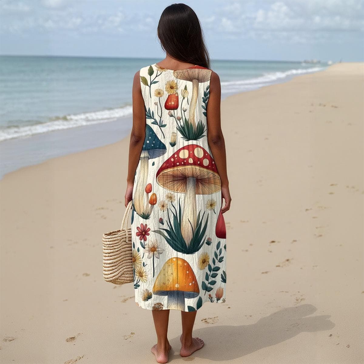 Botanical Mushroom Cotton Slub A-Line Sleeveless Summer Dress