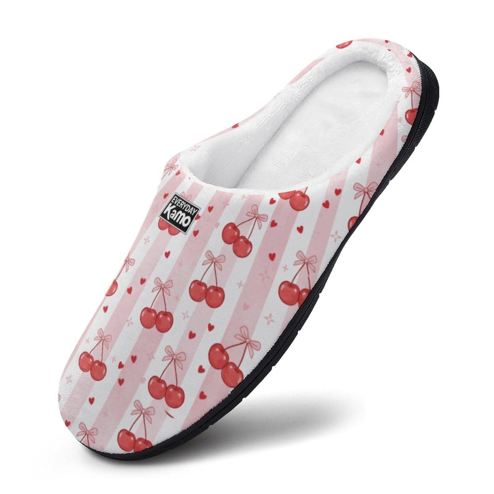 Sweet Cherry Stripe Women's Cotton Slippers | Cozy Indoor House Shoes | Pink & Red Comfort Slides
