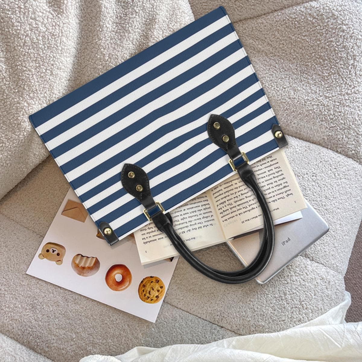 Chic Navy & White Stripe Leather Tote Bag | Double-Sided Custom Print
