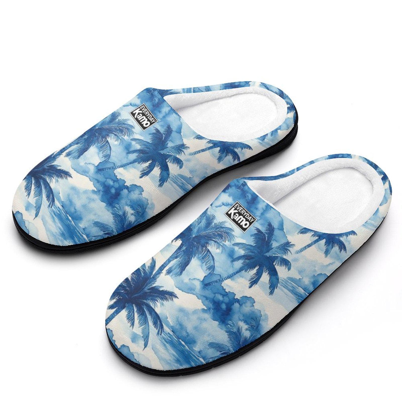 Everyday Kamo Tropical Palm Tree Slippers | Cozy Blue Watercolor Cotton House Shoes for Women