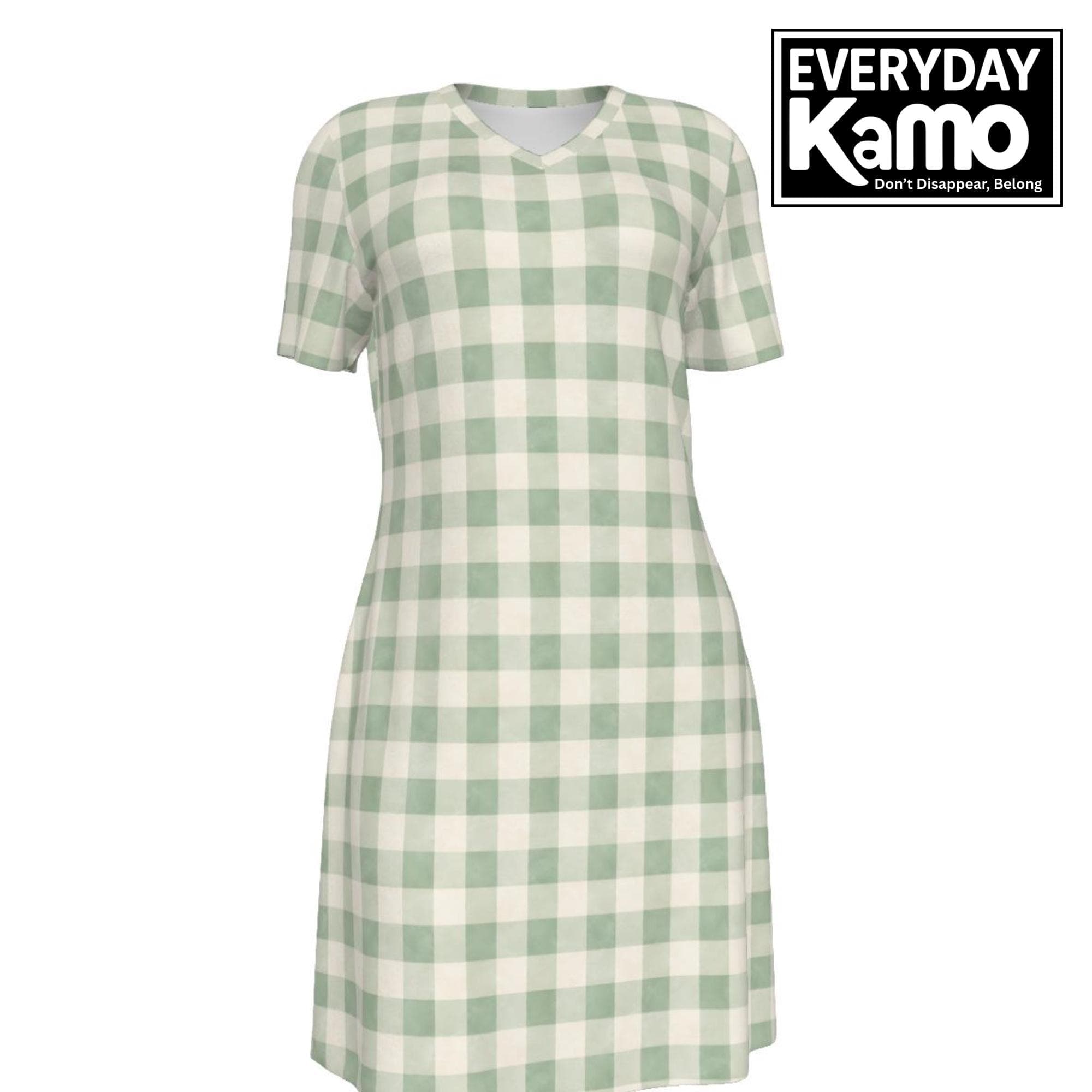 Green Gingham V-Neck Cotton Dress | Handmade Summer Mini | Breathable Eco-Friendly