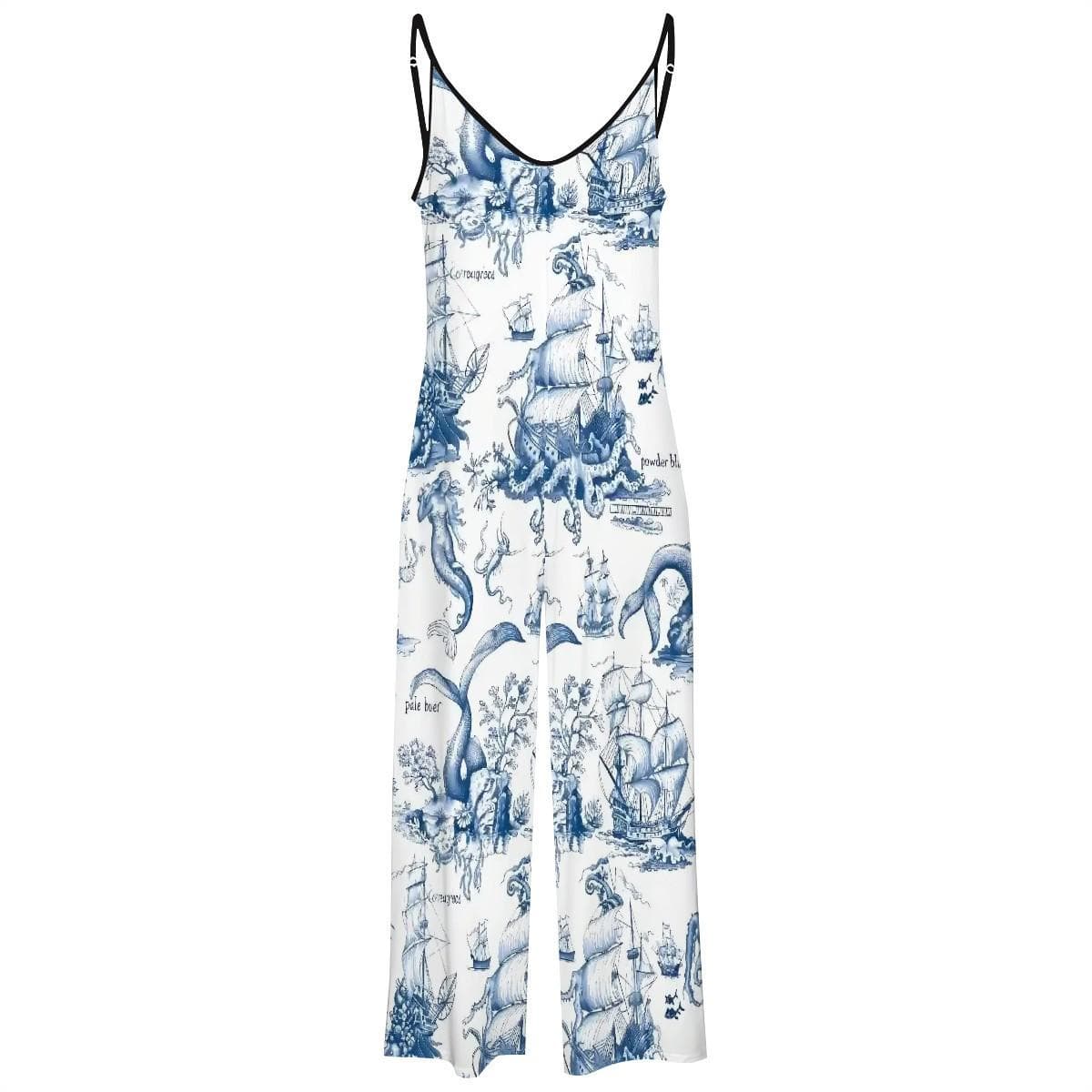 Nautical Toile Jumpsuit | Blue White Mermaid Ship Print Wide Leg Suspender Romper