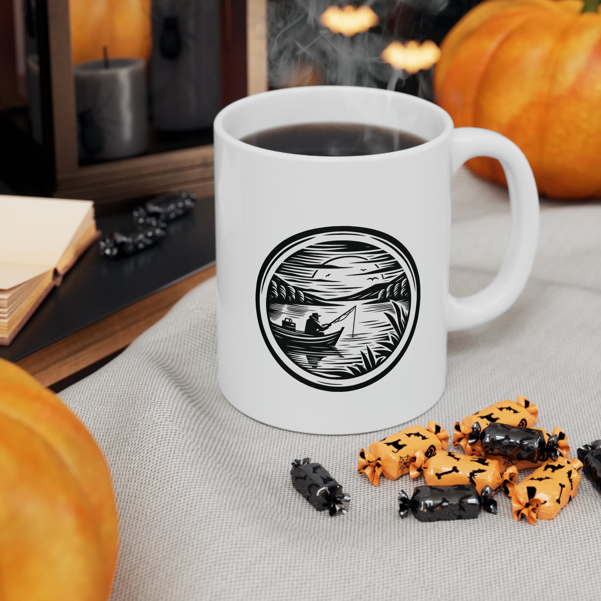 Fishing Ceramic Mug 11oz | Woodcut Bass Design Coffee Cup Gift