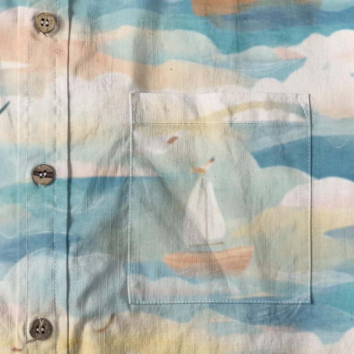 Nautical Sailboat Print Slub Cotton Shirt - Men's Short Sleeve Button Down Beach Top