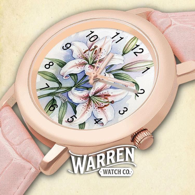 Warren Watch Co. Pink Lily Floral Watch | Alloy Case & Leather Strap