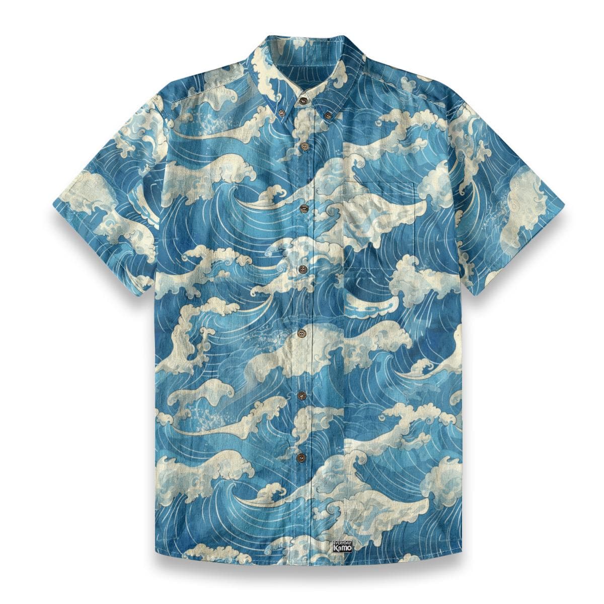 Men's Japanese Wave Print Shirt | Slub Cotton Button-Down
