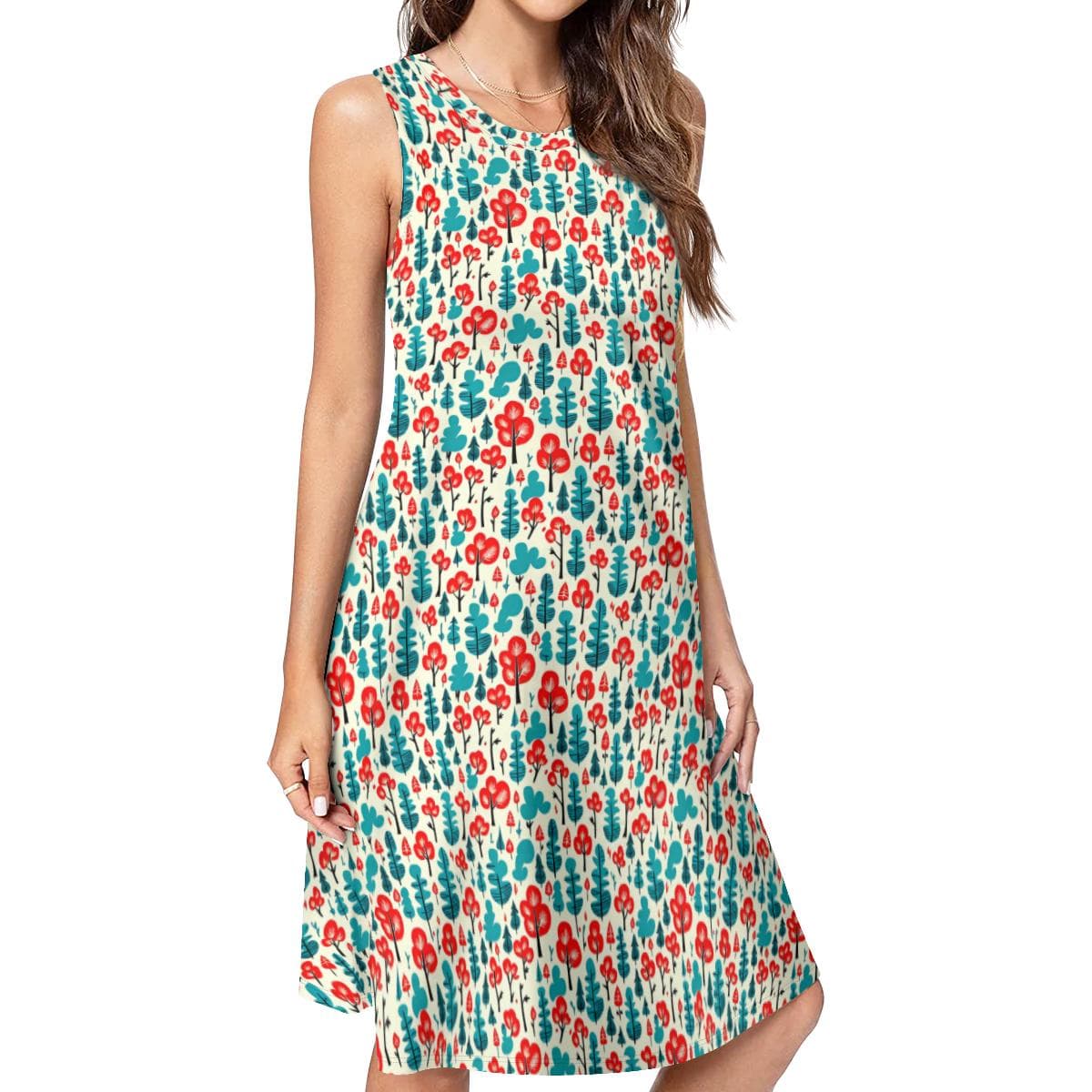 Whimsical Tree Print Sleeveless Dress with Pockets | Knee-Length Flowy Summer Casual A-Line Sundress for Women
