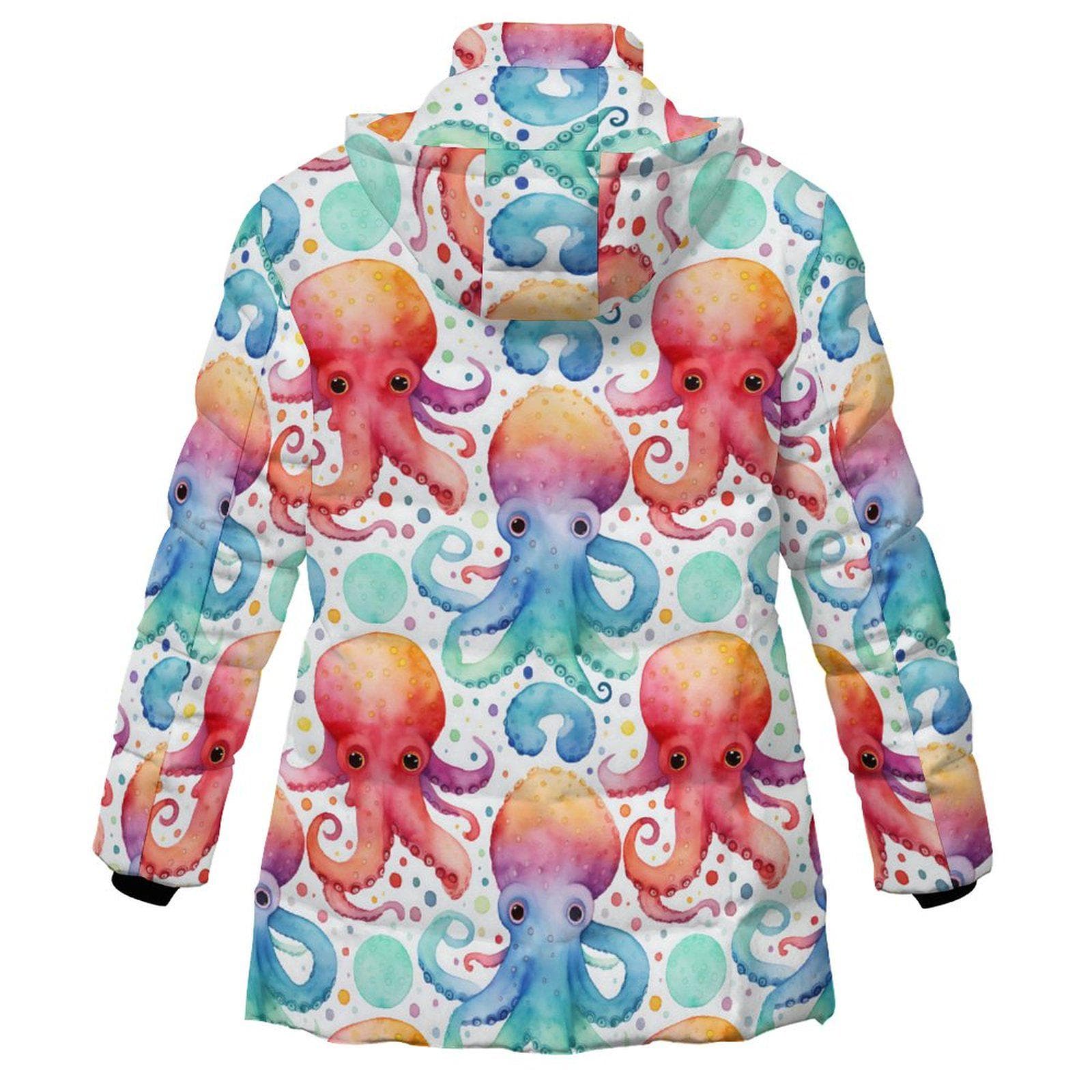 Vibrant Watercolor Octopus Puffer Jacket | Cozy Marine Life Full-Zip Outerwear | Removable Hood