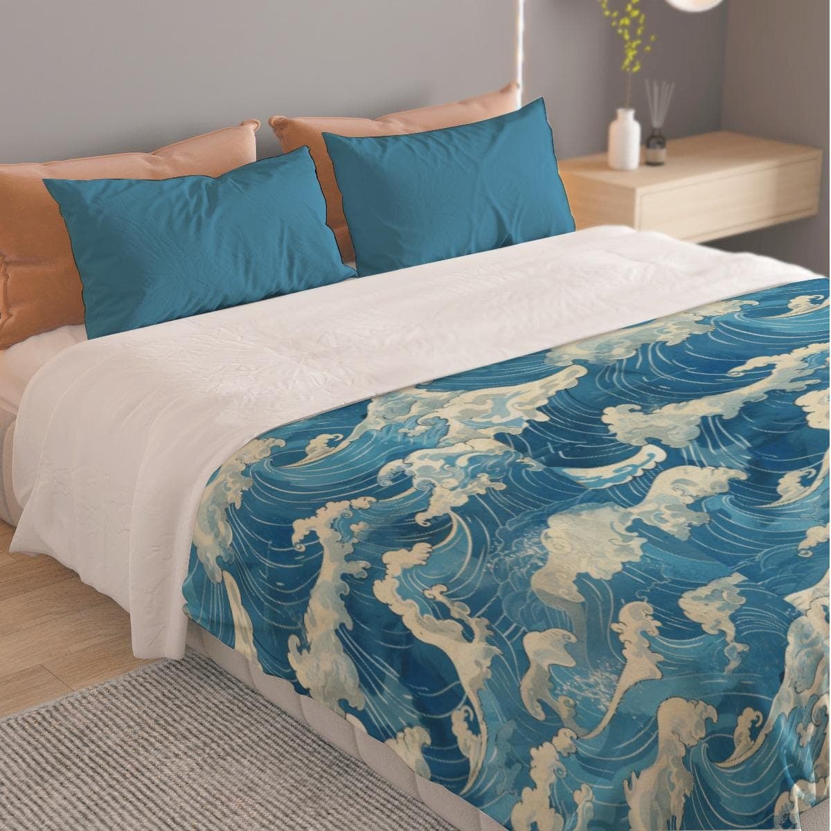 Japanese Wave Art Duvet Cover Set | Ocean Blue Polyester Bedding