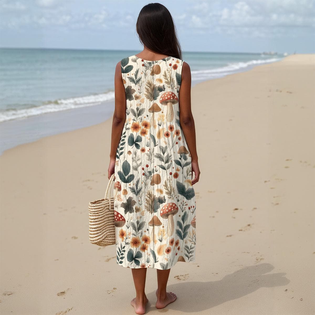 Botanical Mushroom Print Cotton A-Line Dress Sleeveless Crew Neck