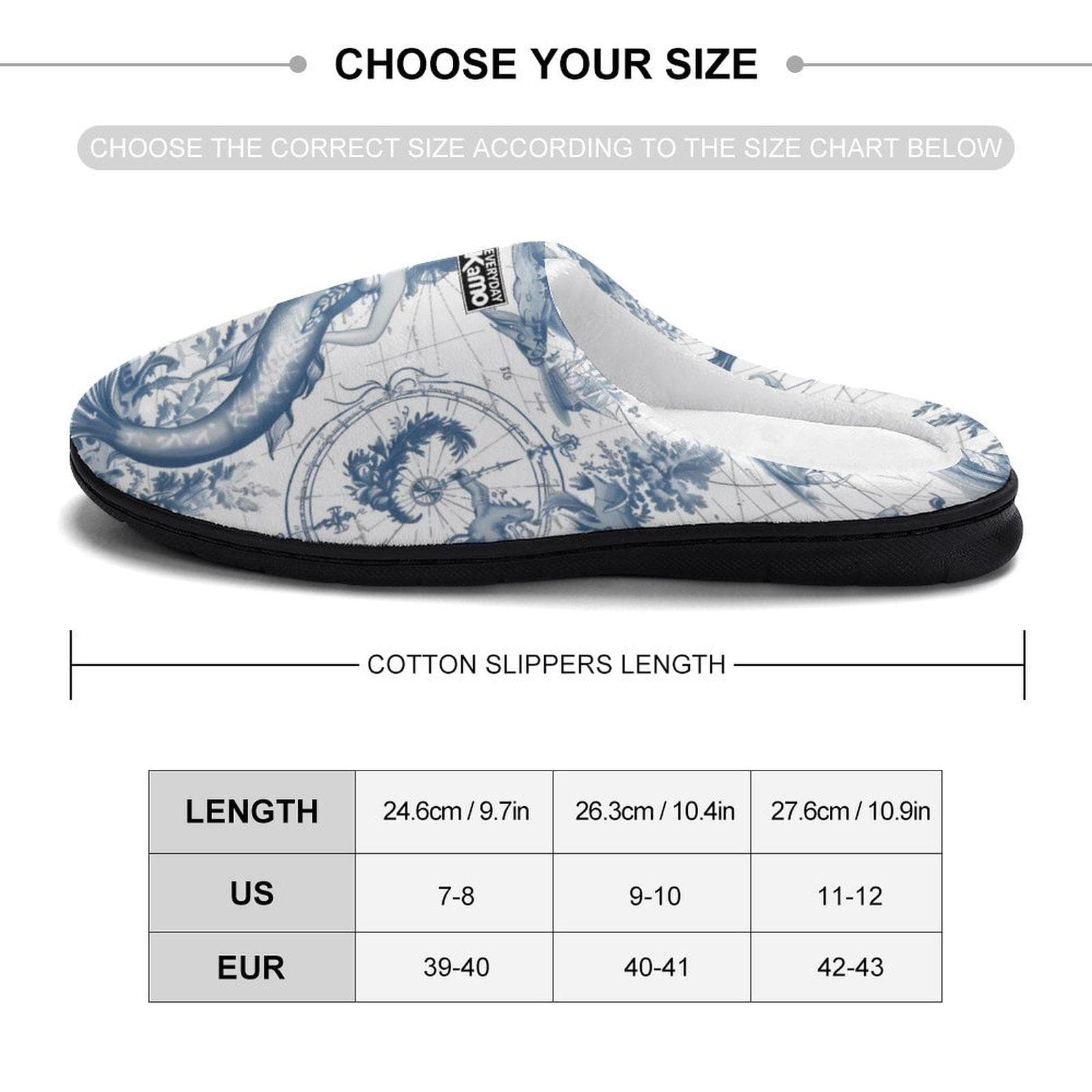 Enchanting Mermaid Toile Cotton Slippers for Women - Cozy Nautical House Shoes with Anti-Skid Sole