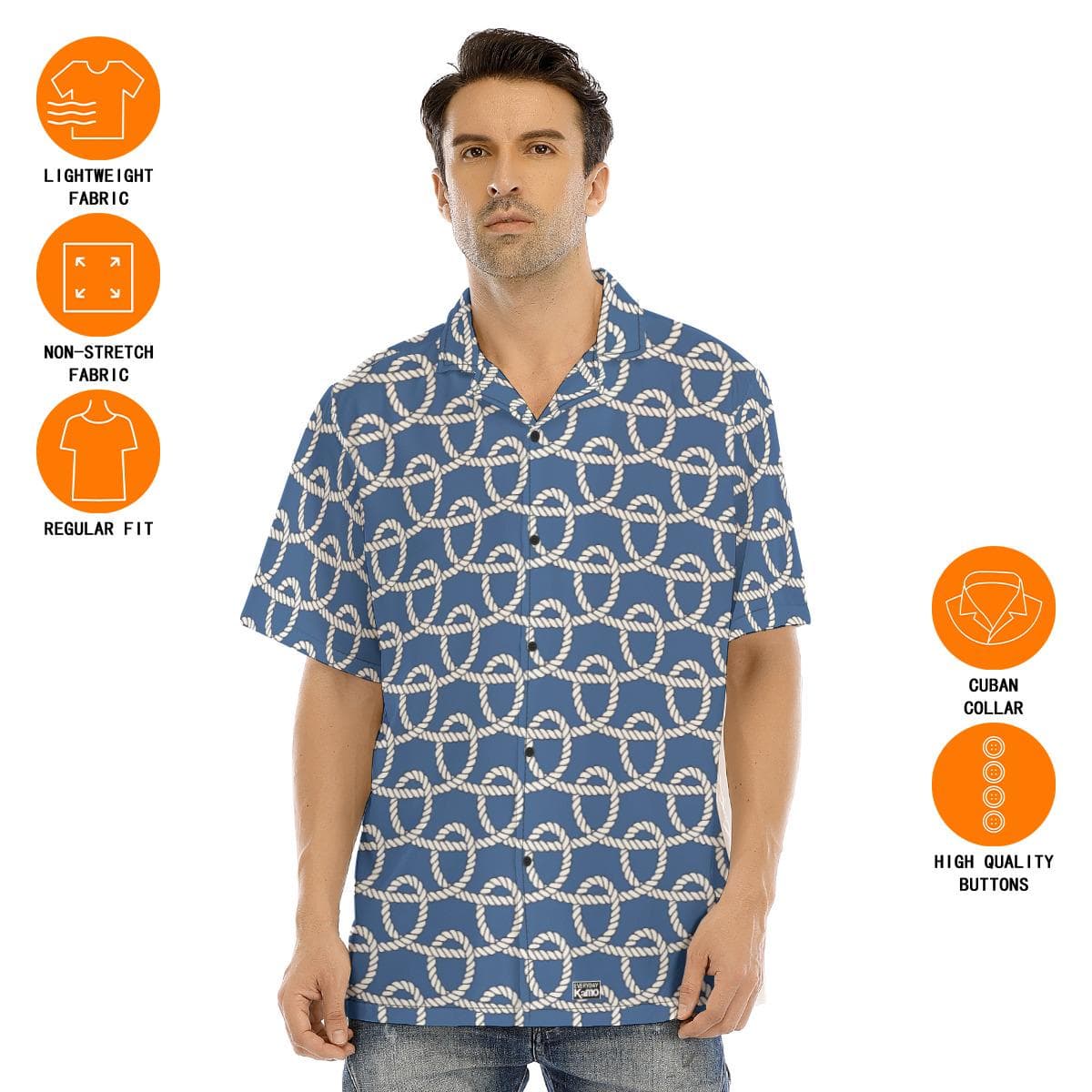 Men's Nautical Rope Print Hawaiian Shirt | Blue Summer Aloha Camp Shirt | Lightweight Button-Up Vacation Top