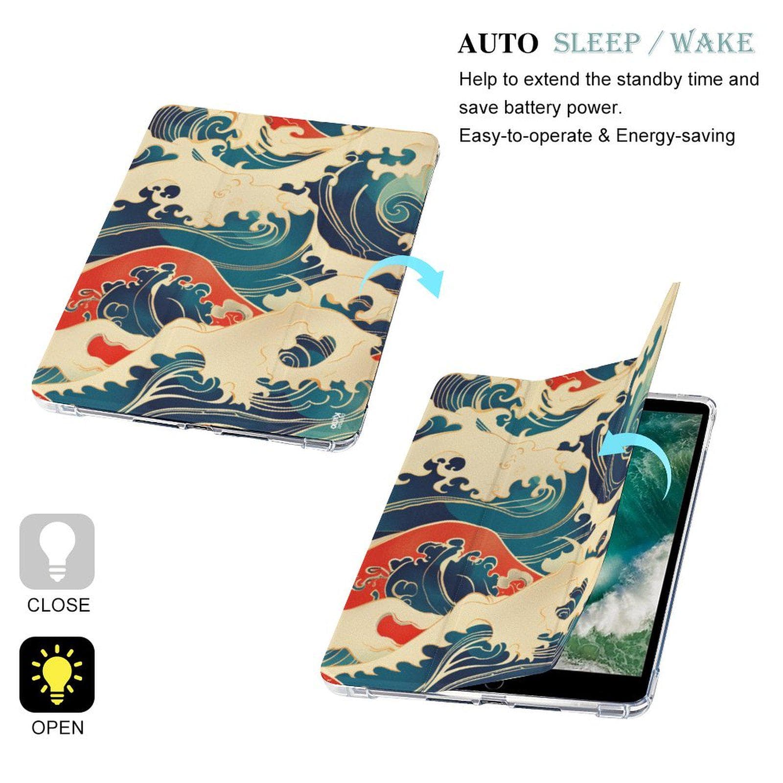 Japanese Wave iPad Case with Apple Pencil Holder | Hokusai Art Faux Leather Protective Tri-Fold Cover