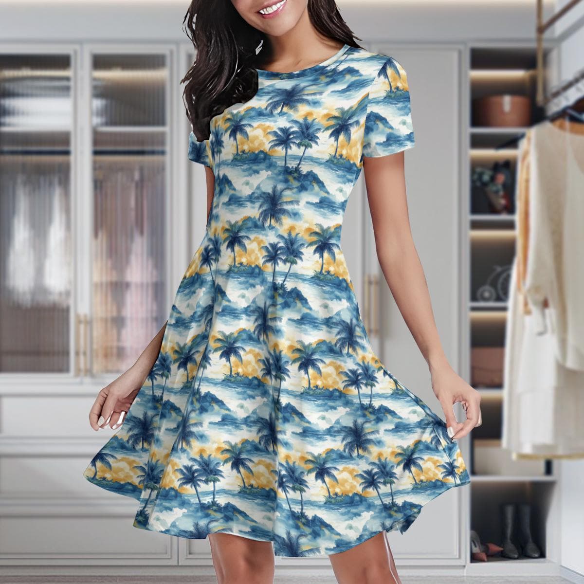 Tropical Palm Tree Summer Dress | Women's Hawaiian Flowy Mini Dress | Short Sleeve Vacation Beach Dress | Milk Silk Sun Dress