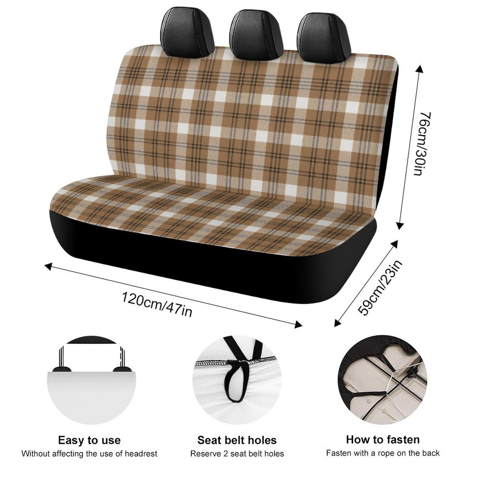 Brown Plaid Car Rear Seat Cover - Custom Fit, Elastic Edges
