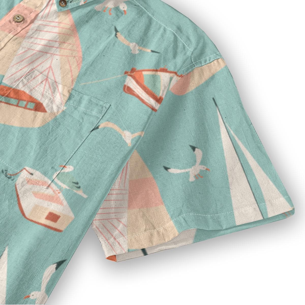 Men's Nautical Sailboat Shirt - Slub Cotton Short Sleeve Button-Down