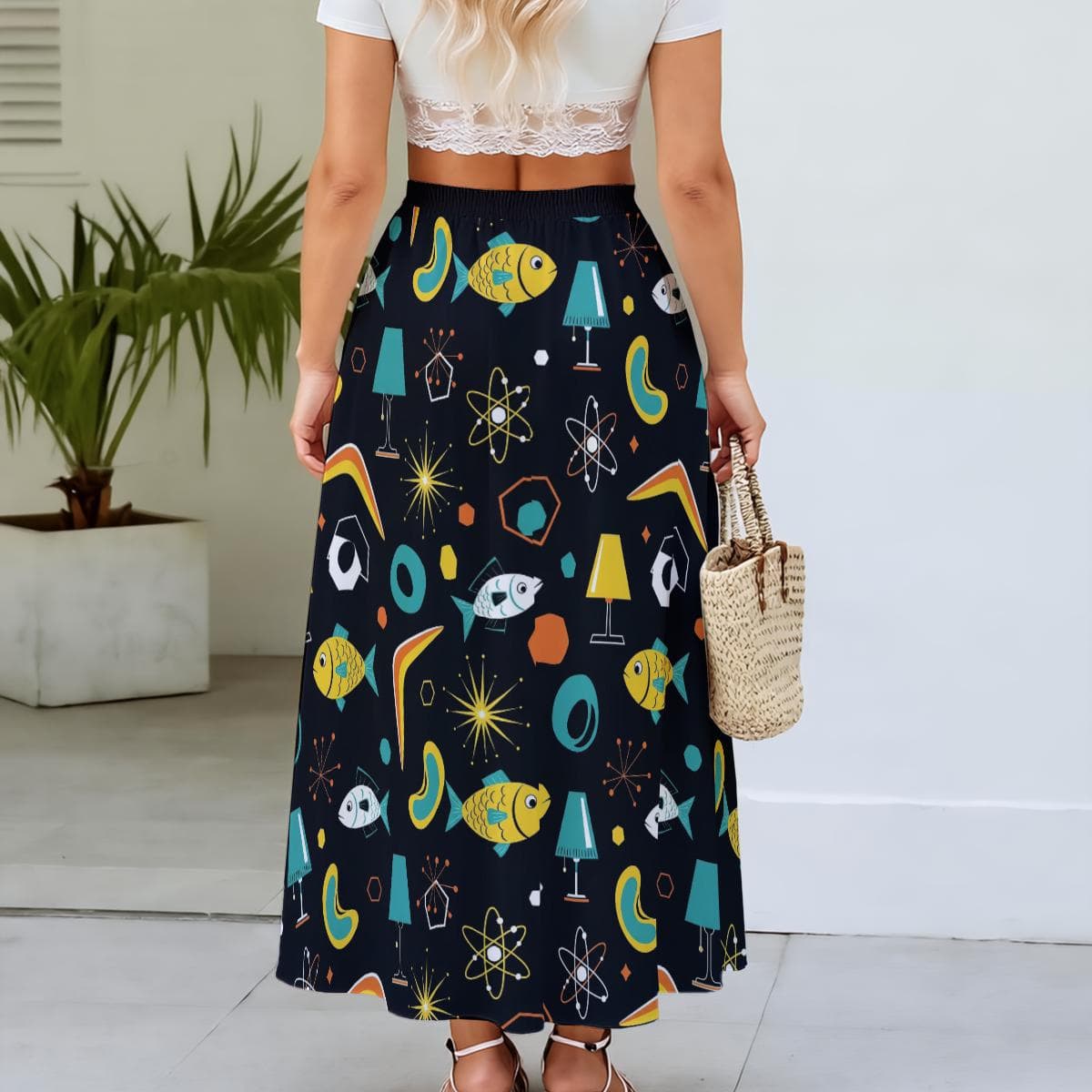 Atomic Fish Maxi Skirt | Retro Mid-Century Modern Print | Elastic Waist