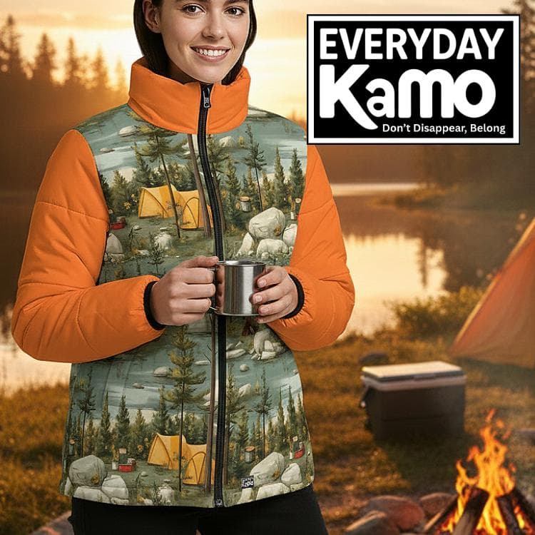 Forest Camping Puffer Jacket, Nature Scene Padded Coat, Outdoor Adventure Gear, Whimsical Campfire Print