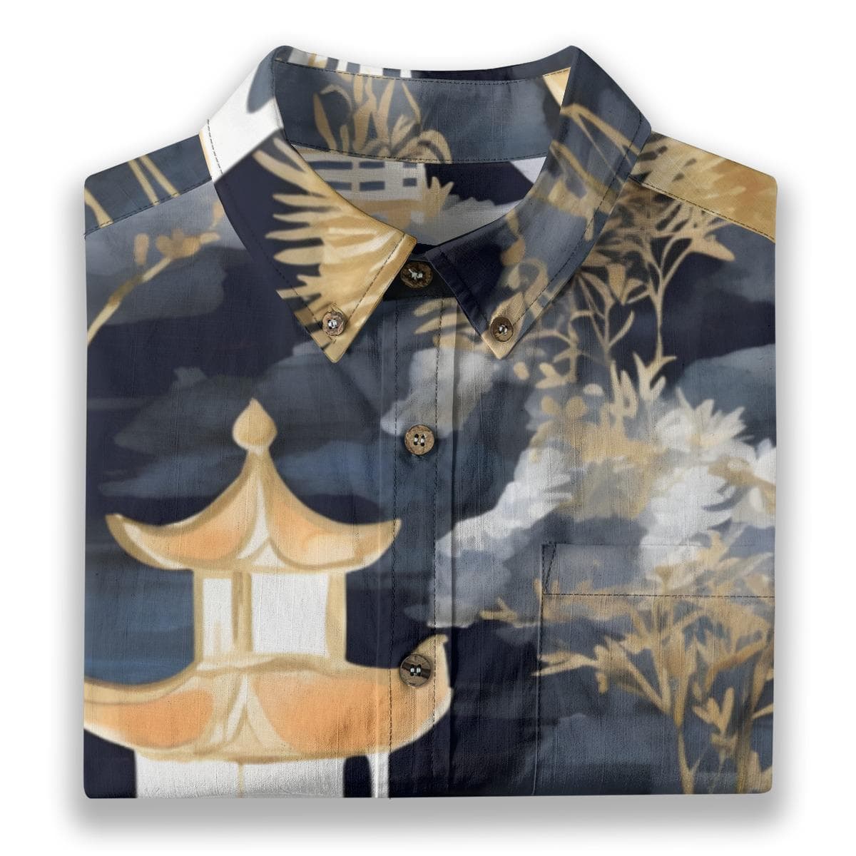 Mens Japanese Pagoda Crane Slub Cotton Shirt | Aloha Resort Wear