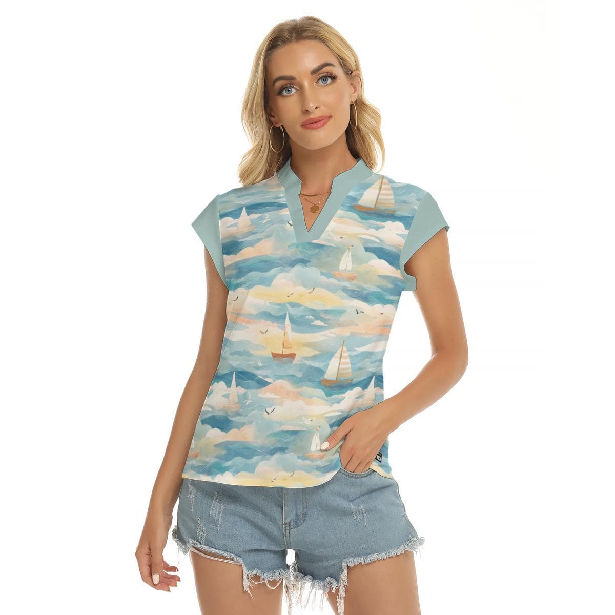 Nautical Sailboat Print V-Neck Top | Women's Stretch Blouse