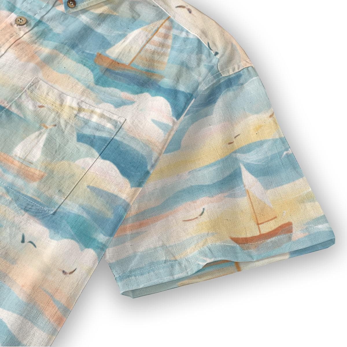 Nautical Sailboat Print Slub Cotton Shirt - Men's Short Sleeve Button Down Beach Top