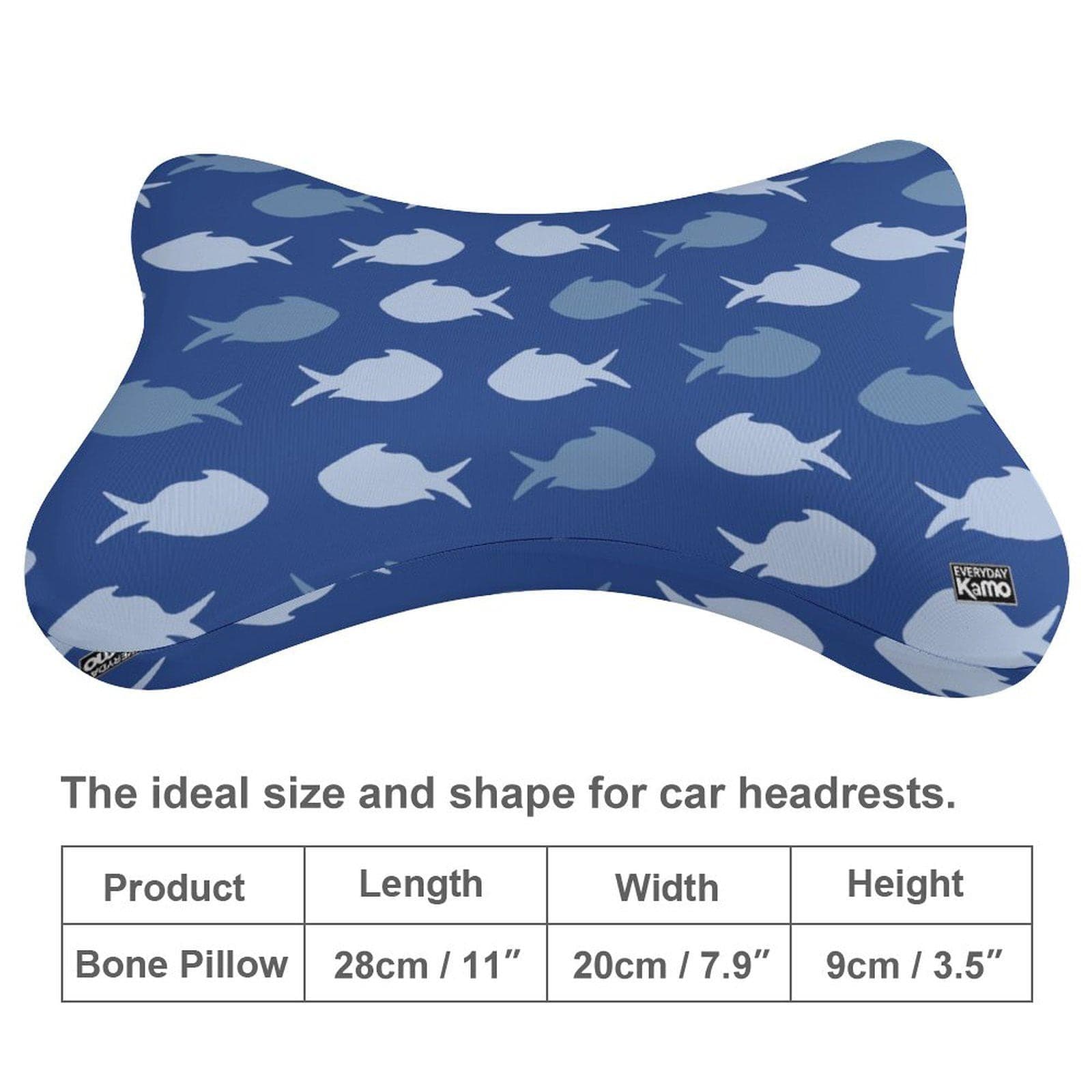 Everyday Kamo Deep Dive Car Headrest Pillow | Memory Foam Neck Support with Blue Fish Pattern | Coastal Driving Comfort