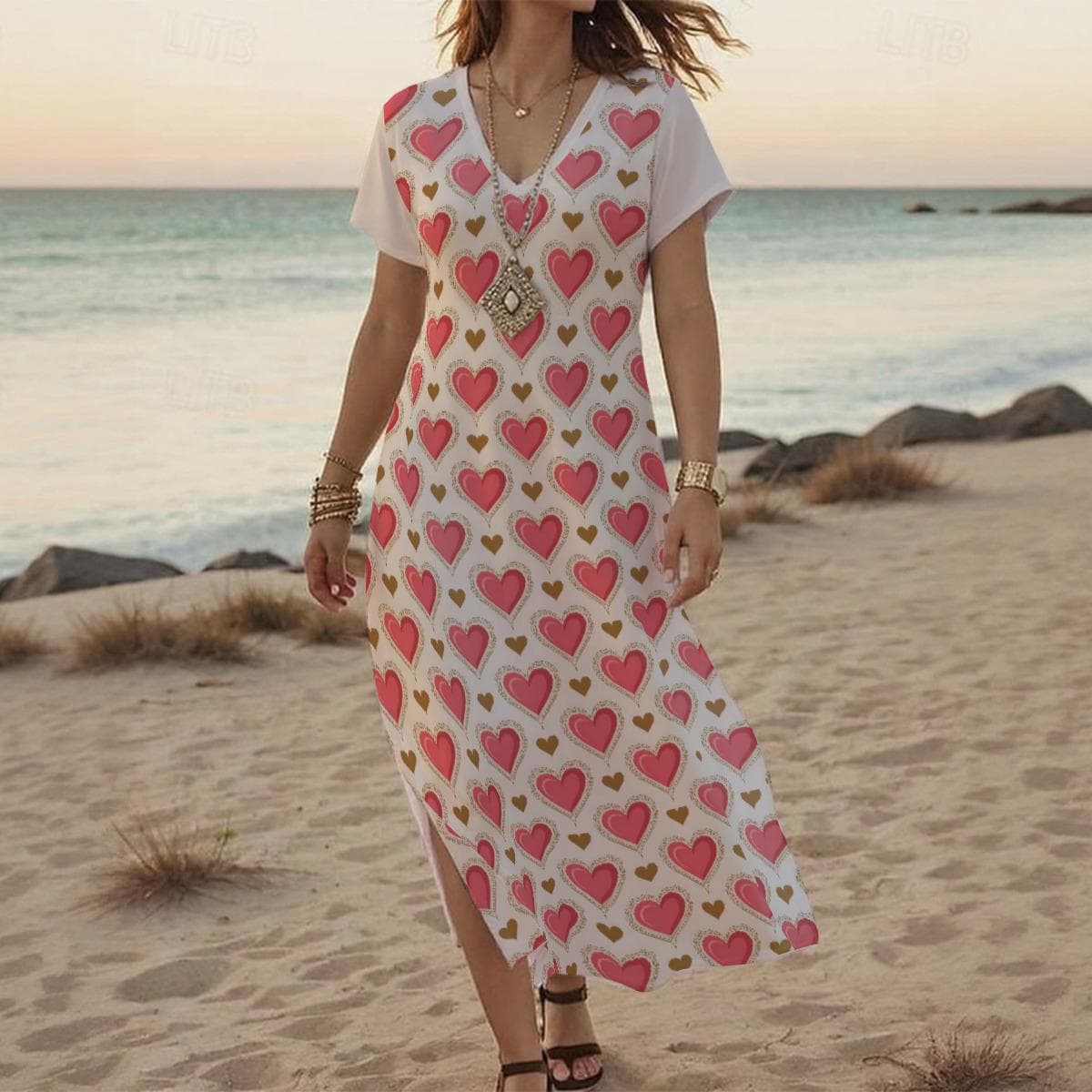 Heart Print Maxi Dress - Pink Gold Hearts V-Neck Jersey Beach Dress