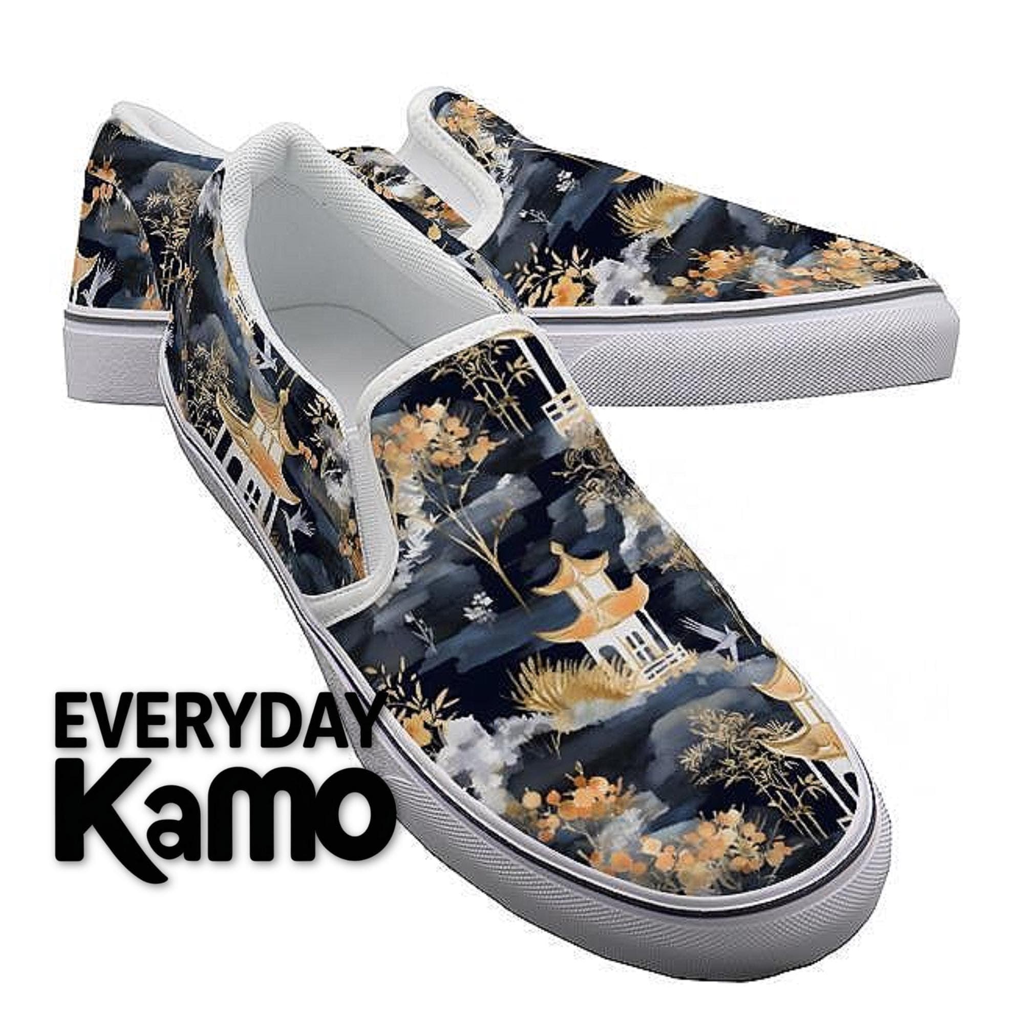 Men's Chinoiserie Pagoda Canvas Slip-On Sneakers | Custom Oriental Art Print Shoes | Comfortable Daily Wear | Unique Designer Gift