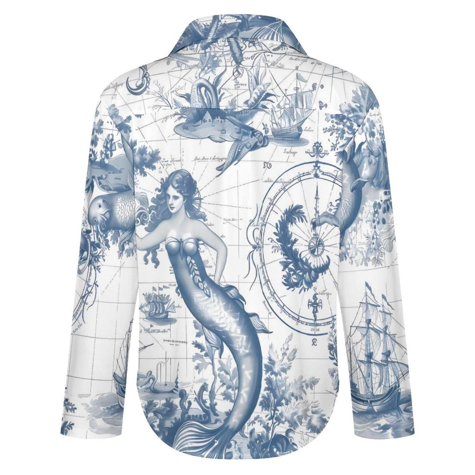 Mermaid Map Asymmetrical Hem Shirt | Nautical Fantasy Button Down Blouse | Vintage Chart Ocean Print Top | Coastal Chic Unique Graphic Tee