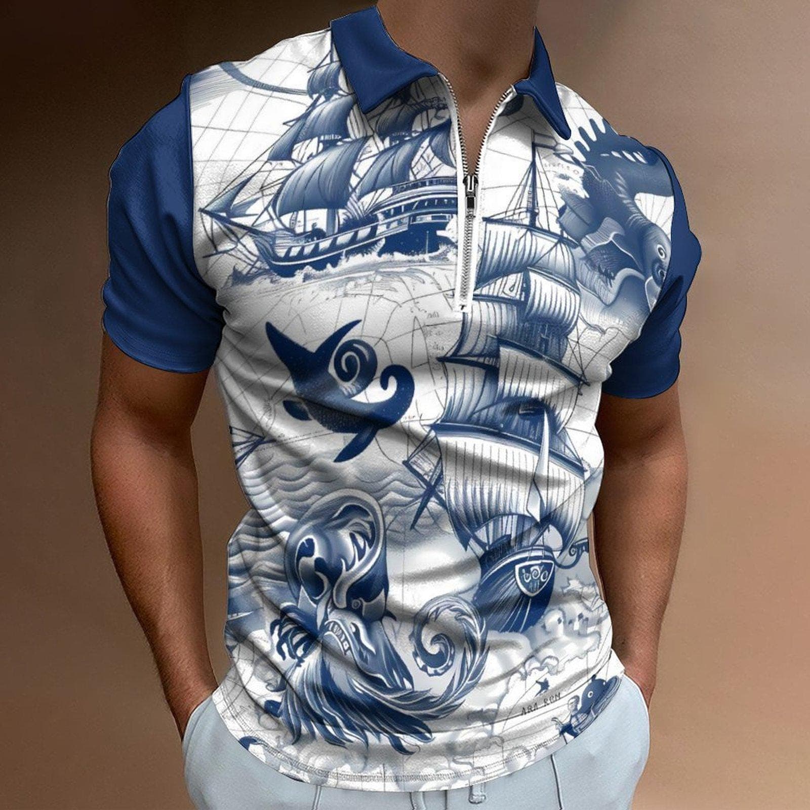 Men's Nautical Kraken Polo | Blue Ship Print Zip Shirt