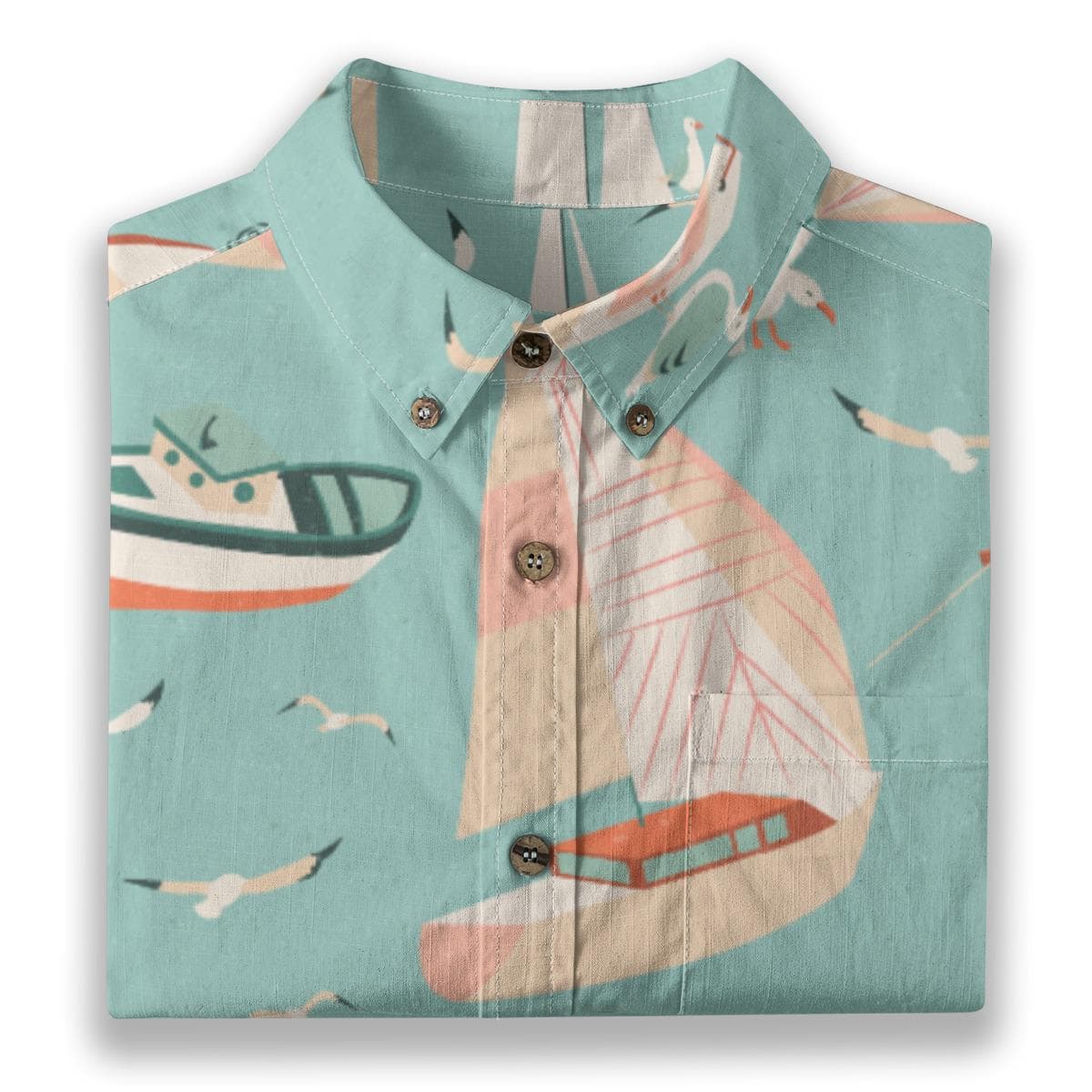 Men's Nautical Sailboat Shirt - Slub Cotton Short Sleeve Button-Down