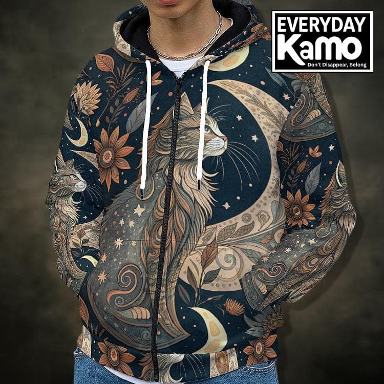 Mystical Cat on Moon Full-Zip Hoodie | Celestial Starry Night Art Cozy Fleece Jacket | Whimsical Animal Lover Gift