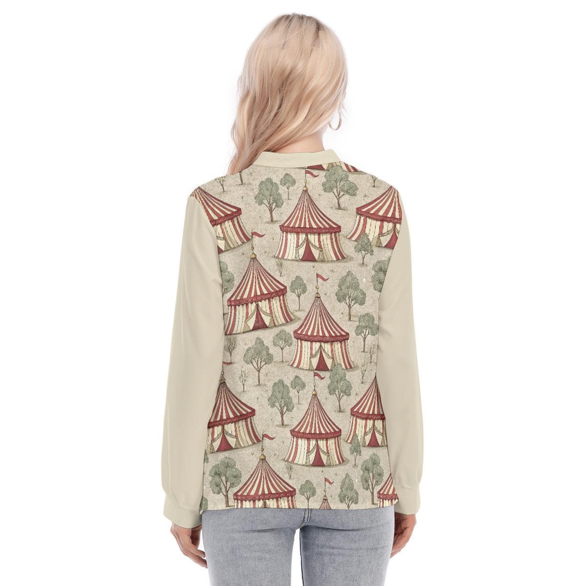 Whimsical Circus Tent Blouse | Vintage-Inspired Long Sleeve Button-Up Top | Unique Festival Everyday Tunic