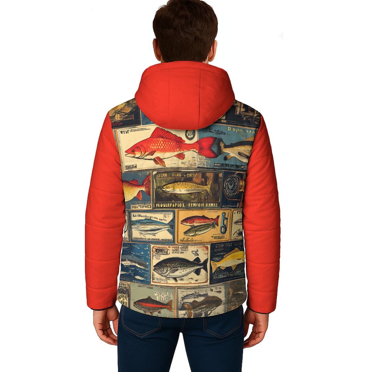 Vintage Fish Print Puffer Jacket – Women's Hooded Winter Coat