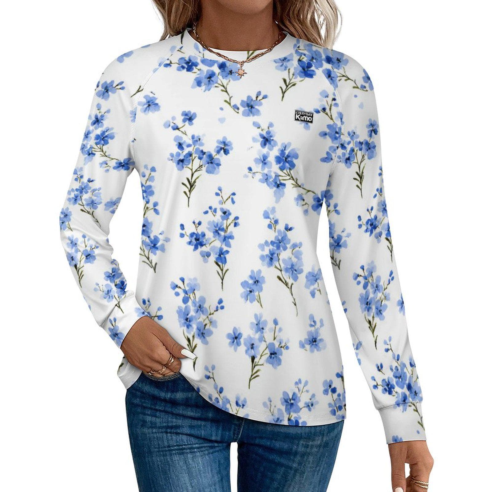 Everyday Kamo Women's Blue Floral Long Sleeve Quick Dry T-Shirt | UPF 50+ Sun Protection Top | Cooling & Stylish