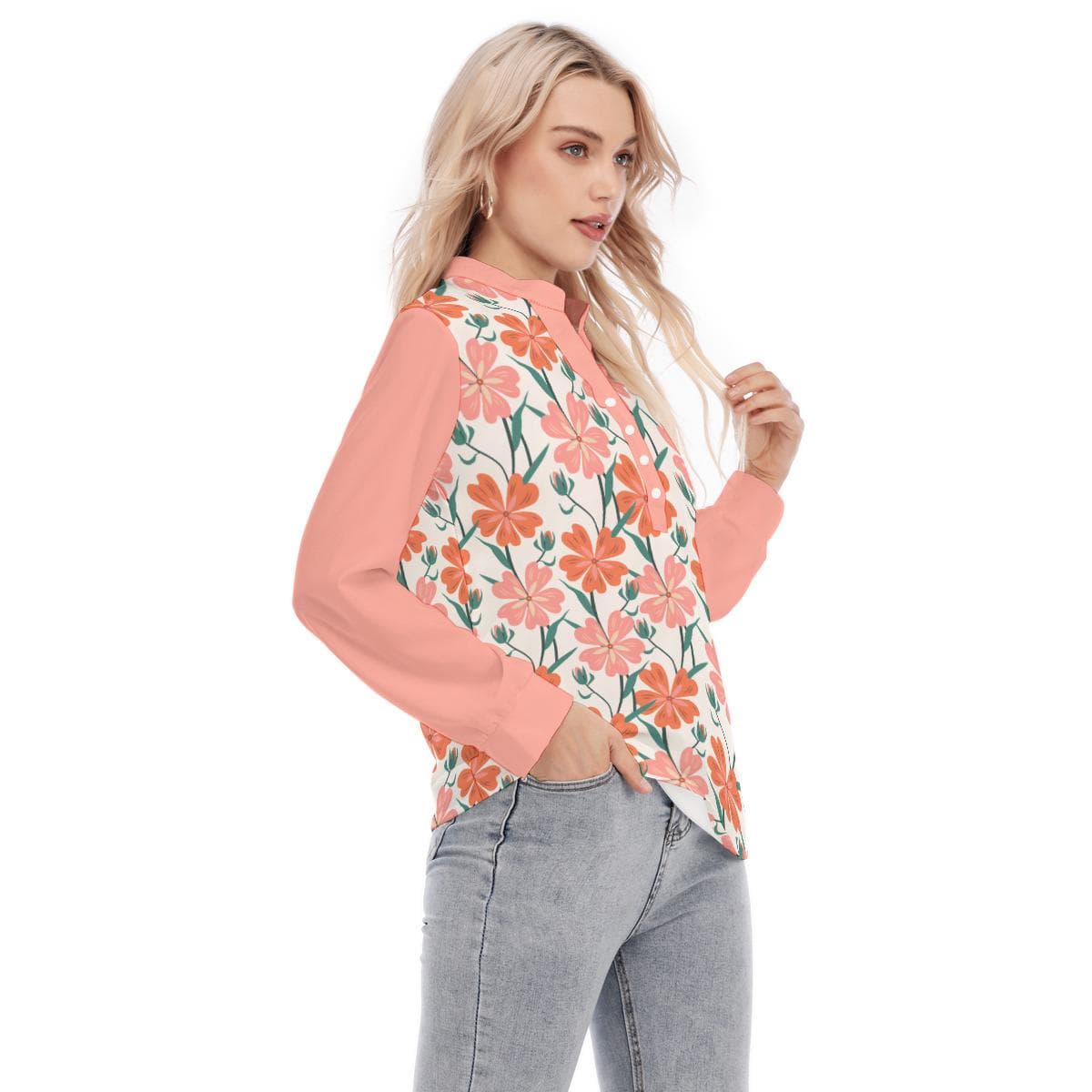 Peach Blossom Floral Blouse | Mandarin Collar, Stretch Fabric