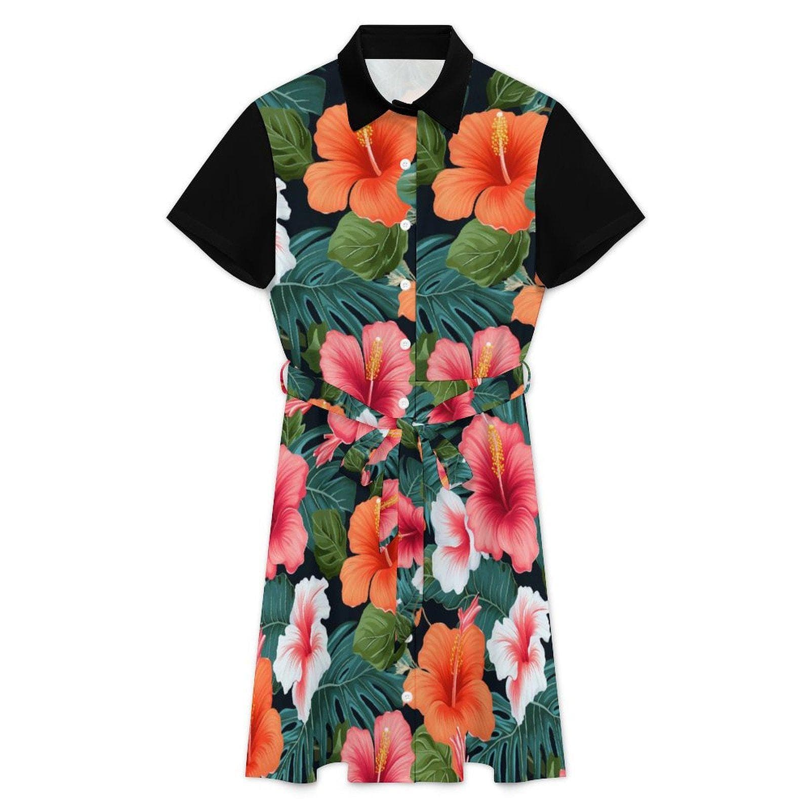 Tropical Hibiscus Shirt Dress | Women's Floral Button Down Collared Sundress with Tie Belt | Vibrant Summer Beach Vacation Resort Wear