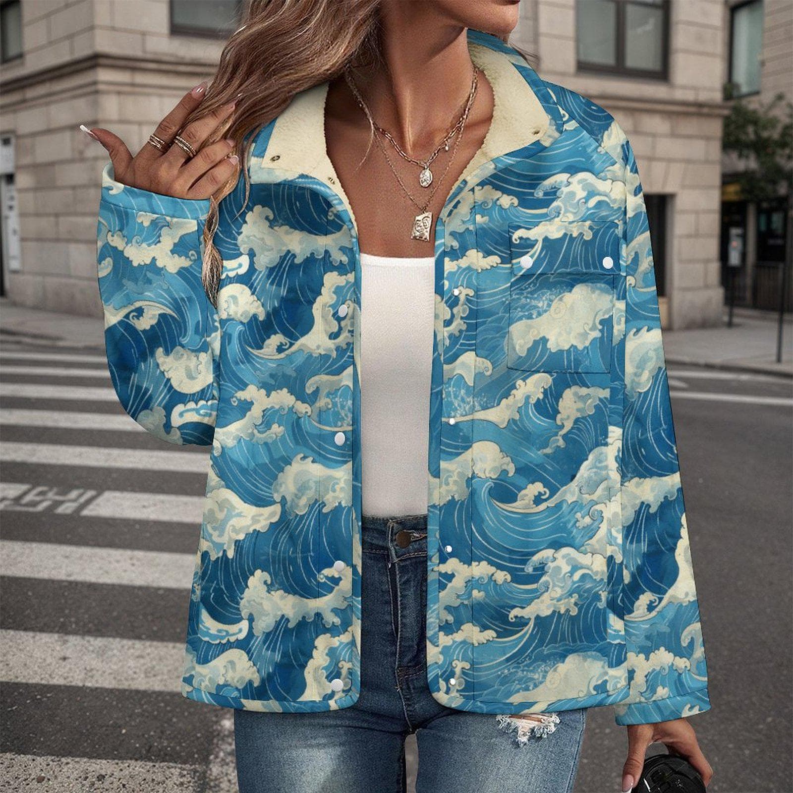 Coastal Wave Fleece Shacket | Sherpa Lined Stand-up Collar Jacket | Ocean Print Cozy Outerwear