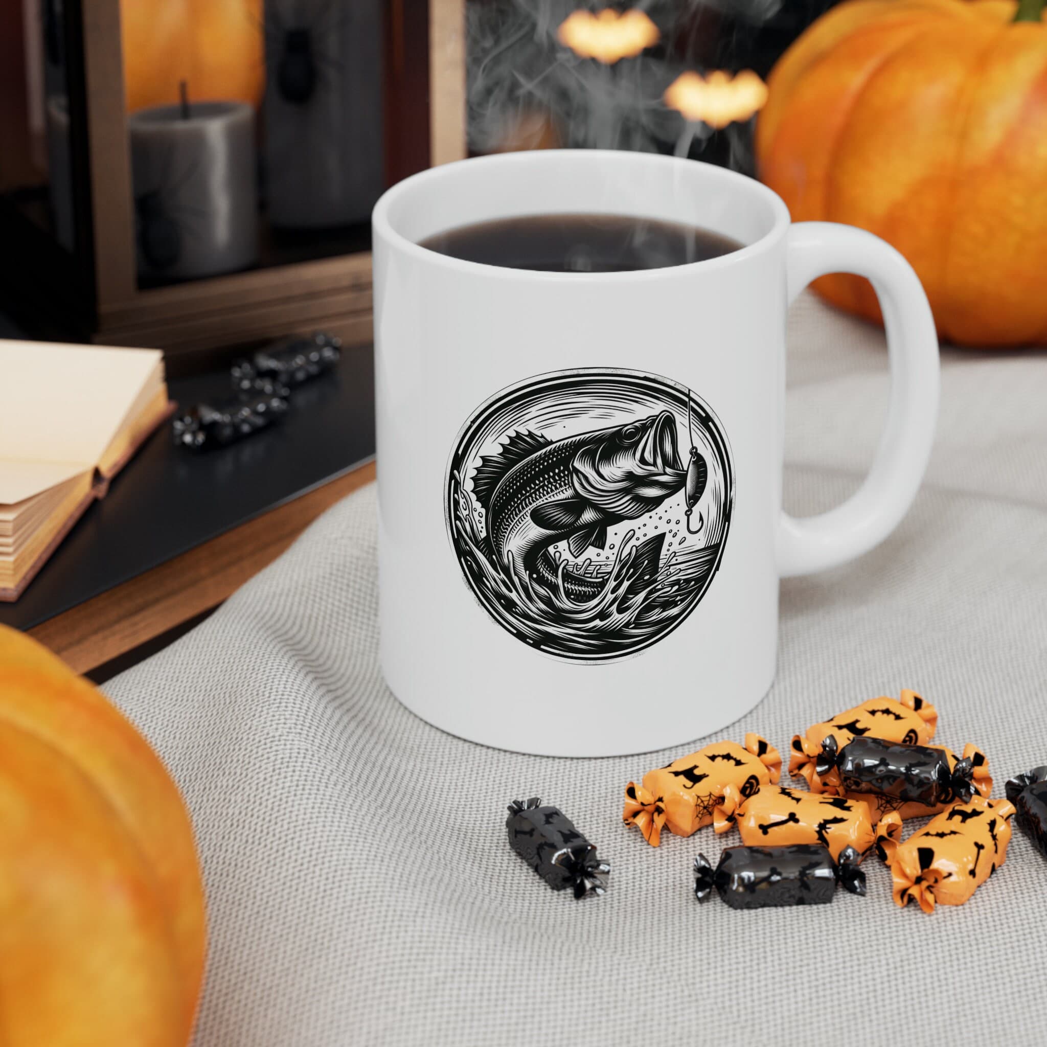 Fishing Ceramic Mug 11oz Bass Woodcut Art Coffee Cup Angler Gift