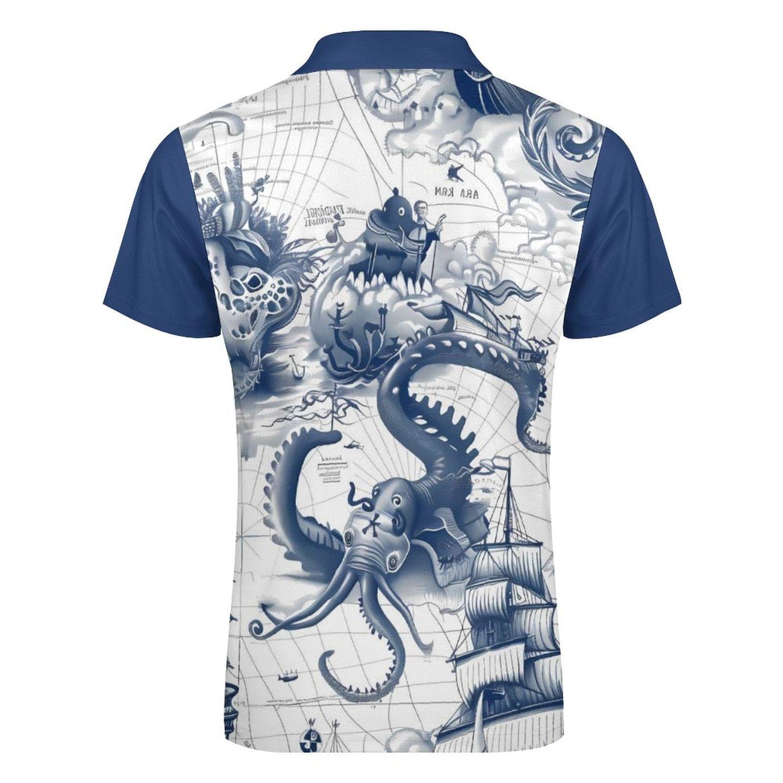 Men's Nautical Kraken Polo | Blue Ship Print Zip Shirt