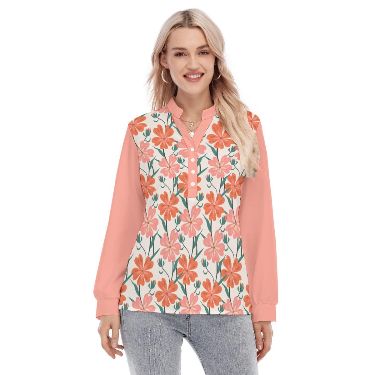 Peach Blossom Floral Blouse | Mandarin Collar, Stretch Fabric