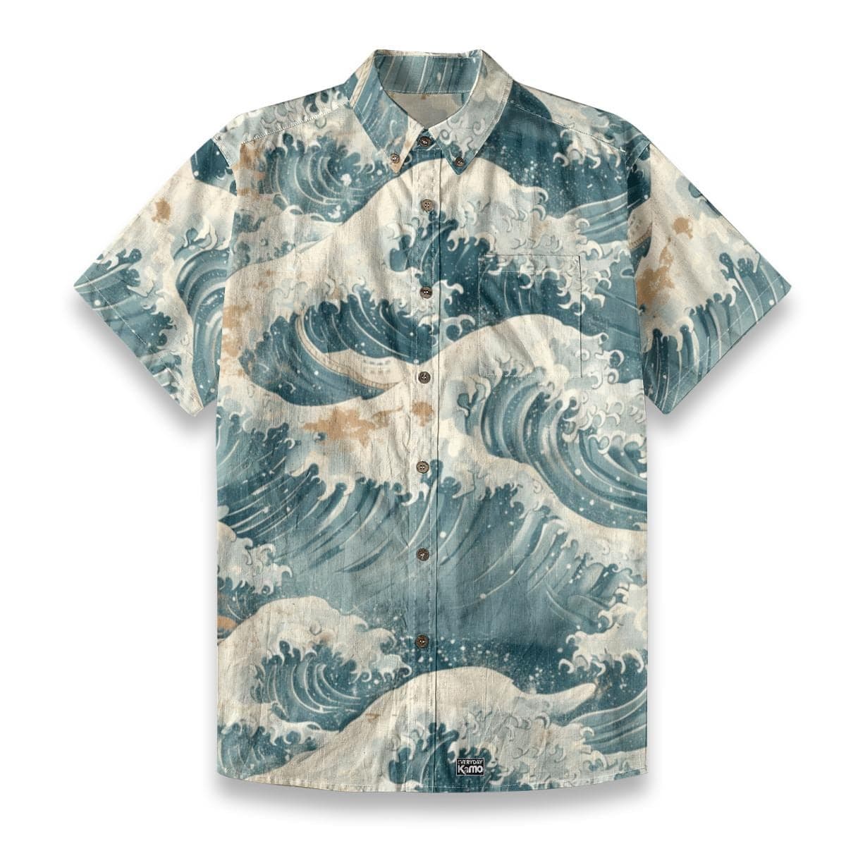 Japanese Great Wave Cotton Shirt | Hokusai Ocean Art Button Up | Summer Vacation Aloha Shirt