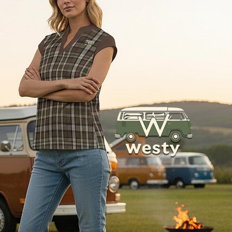 Westfalia Camper Plaid V-Neck Top, Adventure Van Life Shirt