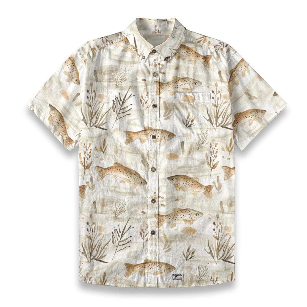 Effortless Elegance Trout Print Button-Up Shirt | Men's Fishing Slub Cotton Short Sleeve