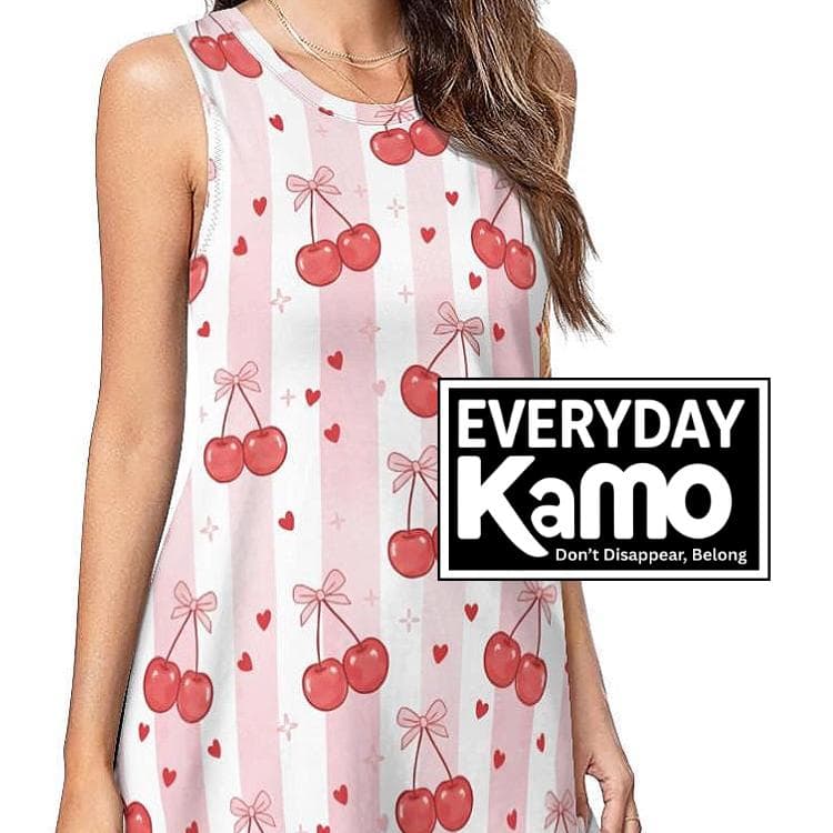 Cherry Stripe Sleeveless Dress | Pink Summer Tunic with Pockets