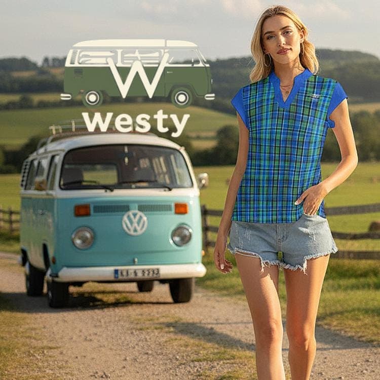 Westy Camper V-Neck Top, Plaid Adventure Shirt